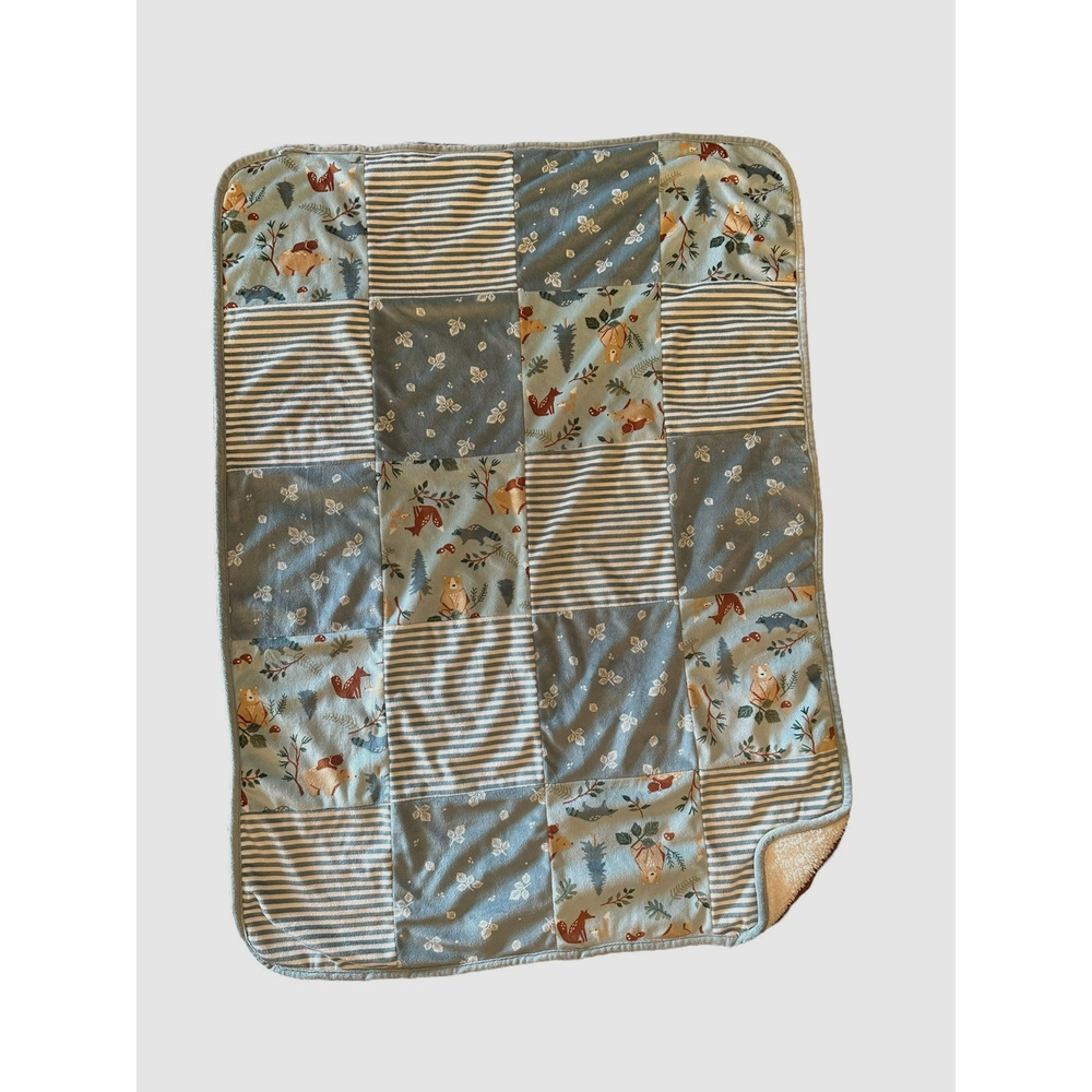 Gerber Modern Moments Baby Patchwork Blue Bear Plush Sherpa Blanket Woodland
